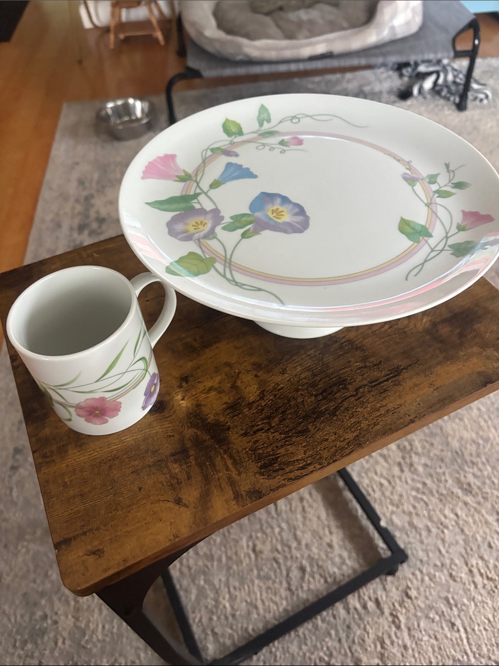 Vintage Porcelain Morning Glory Design Pedestal Cake Stand & Mug; Made in Japan